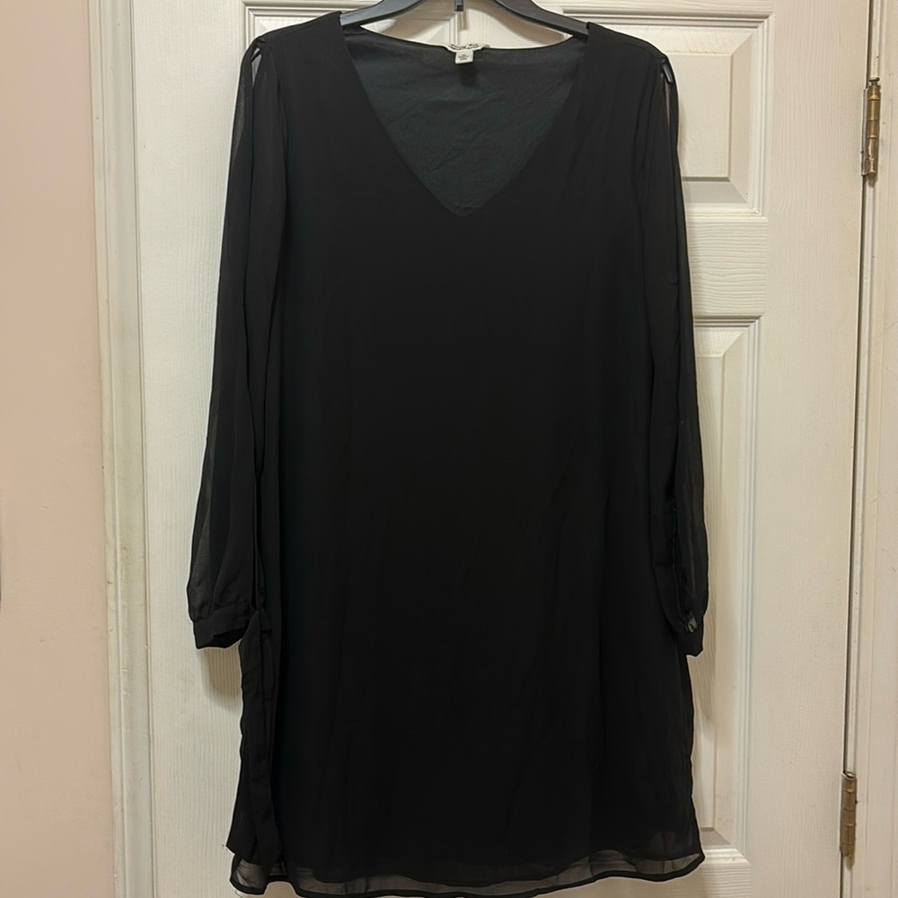 Krazy Kat Women’s M Midi Black Sheath Dress with Sheer Cut-Out & Tie Sleeves